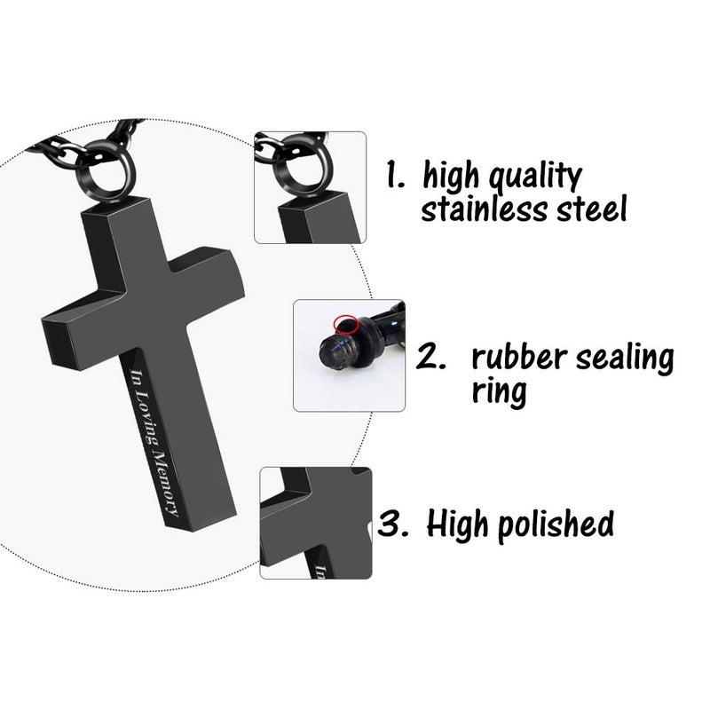 Dletay Cremation Cross Necklace for Ashes Stainless Steel Cross Urn Pendant Ashes Holder Memorial Jewelry-In Loving Memory(Black) - Image 3